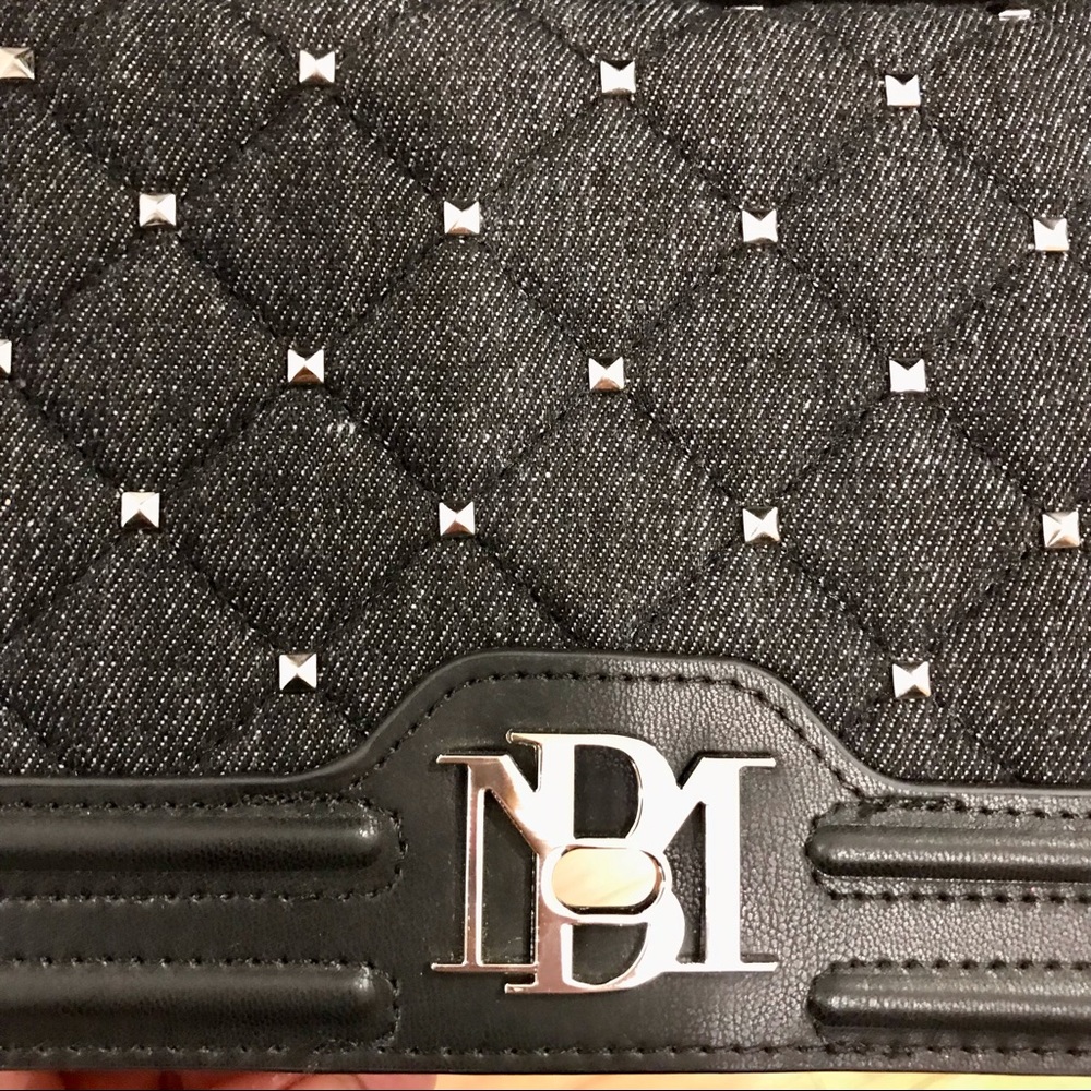 Badgley Mishka black denim, vegan leather adorned with square metal nails bag. - Picture 6 of 15